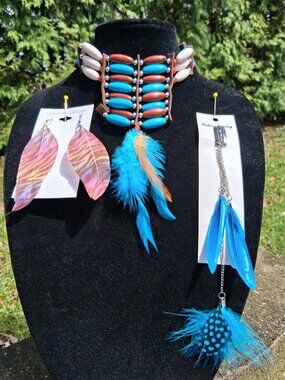 3 items= BOHO Turquoise Brown Feather Choker Necklace - Earrings - Hair Clip